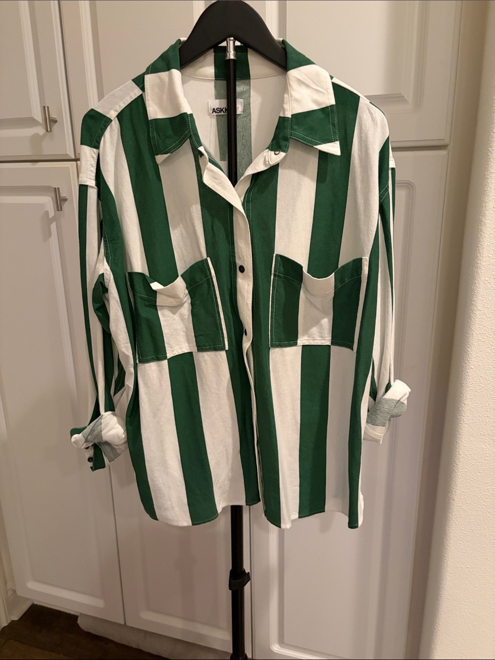 ASKKNY Green and White Striped Button-Up Shirt